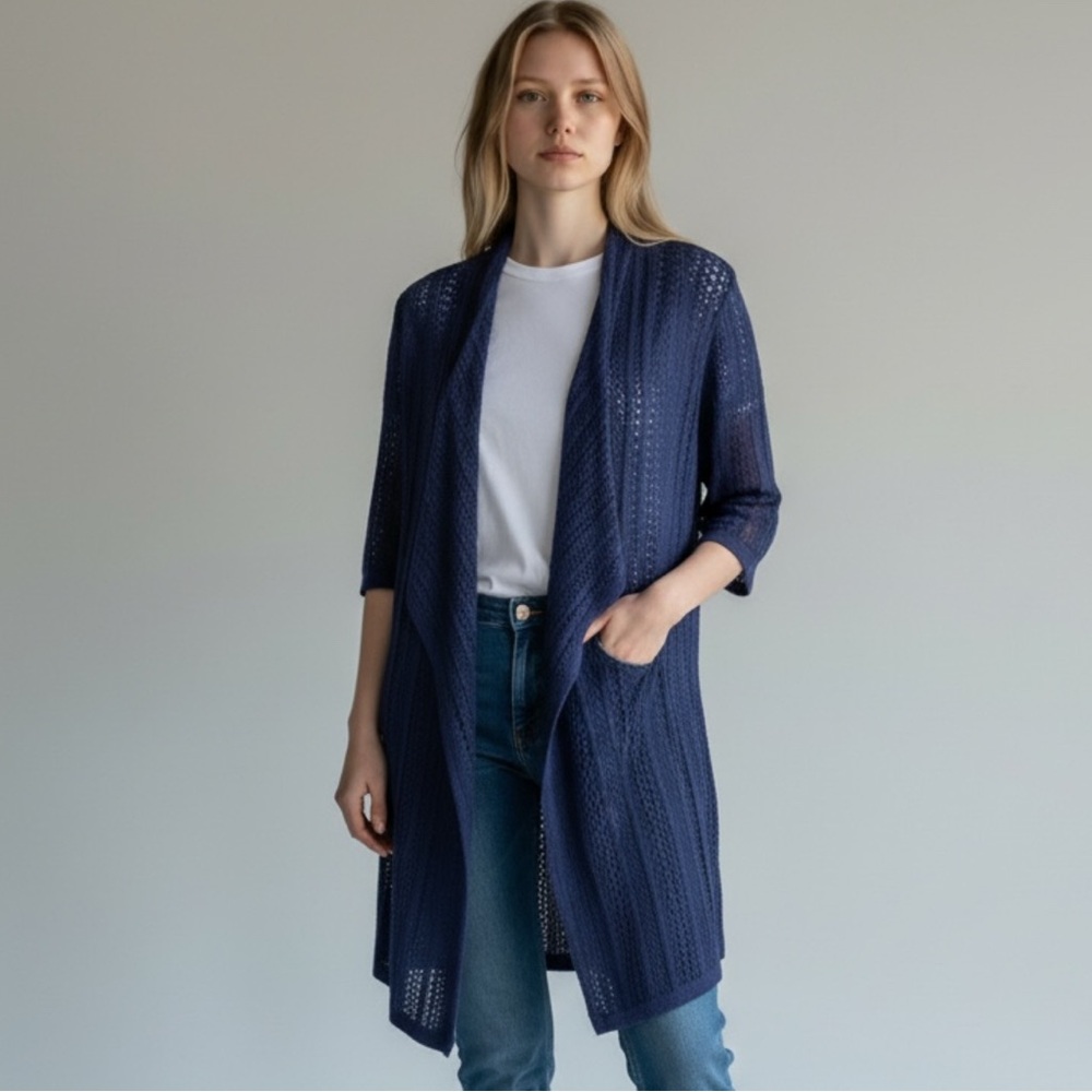 ST JOHN SPORT blue pointelle wool blend knit cardigan open sweater jacket large